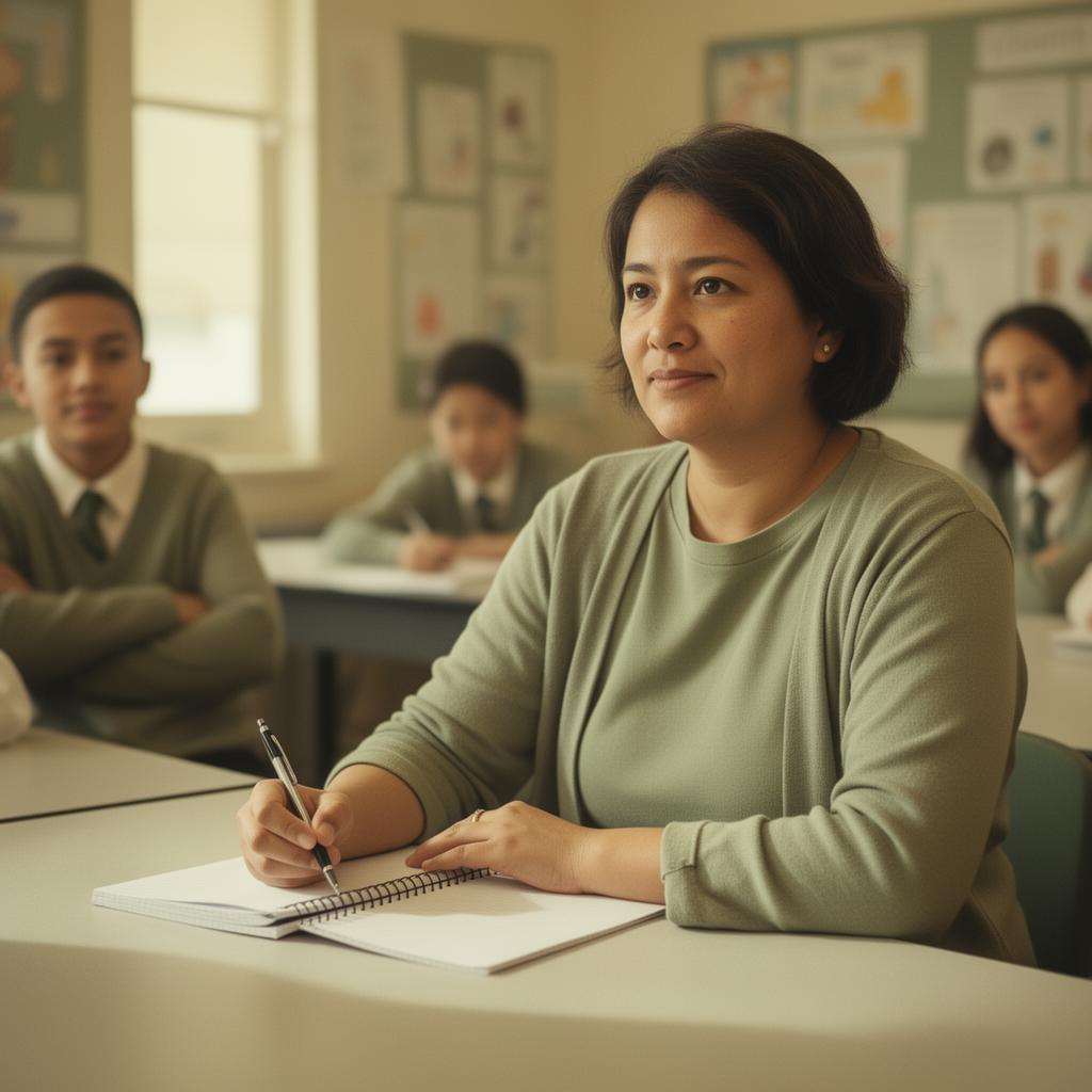 A parent at a school meeting table taking notes with a calm expression