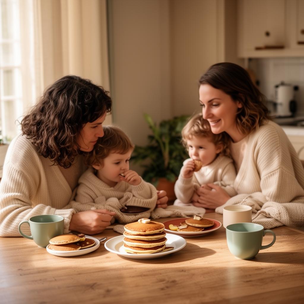 A family enjoying a slow weekend breakfast with pancakes at home